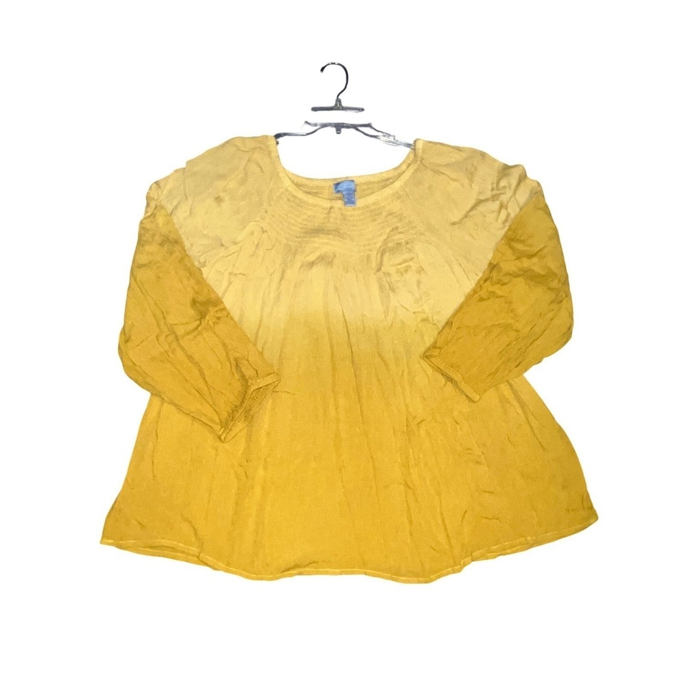 New Studio West Yellow Ombre Peasant Blouse Smocked Neck Balloon Sleeve Large L - Picture 7 of 9